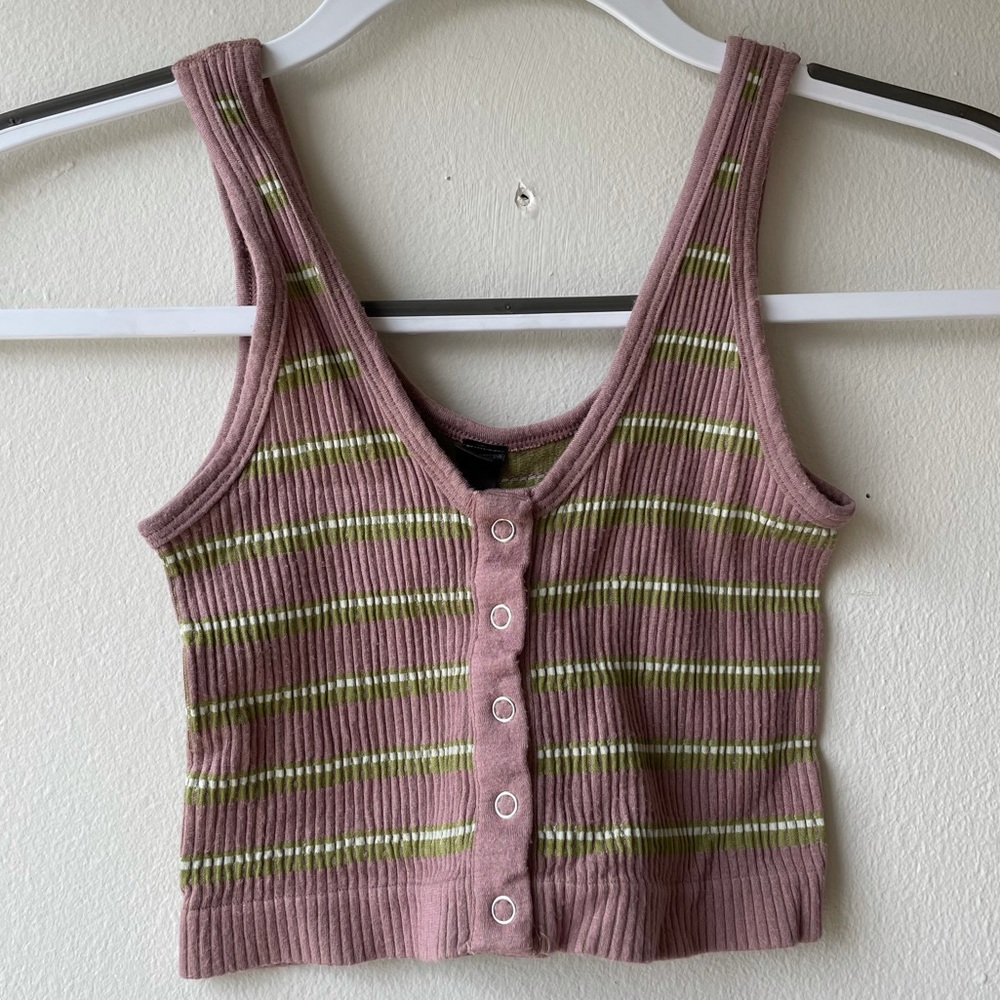 Mauve & green striped snap-front crop top